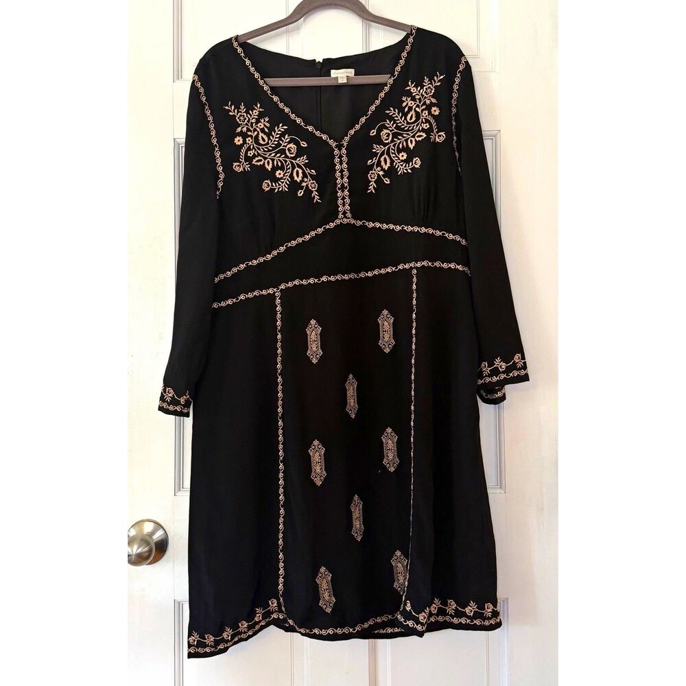 Garnet Hill Dress Womens 16 Black Embroidered Boho V Neck Lined Viscose romantic